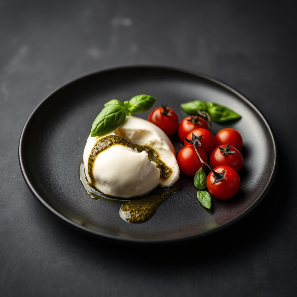 Burrata cu roșii și busuioc — Imagine demonstrativă pentru conceptul vizual Barko Restaurant.