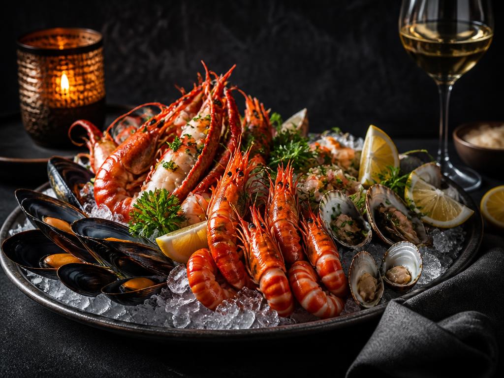 Platou cu fructe de mare — Imagine demonstrativă pentru conceptul vizual Barko Restaurant.